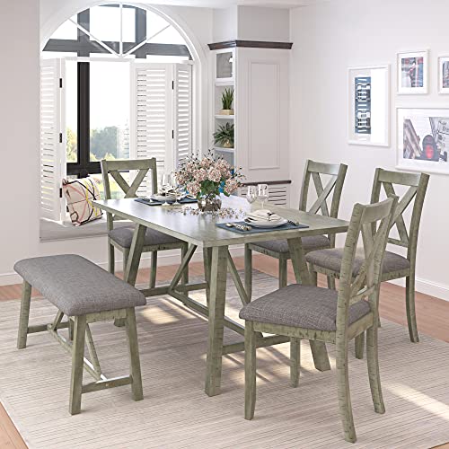 Woanke 6 Pieces Kitchen Dining, Breakfast Nook Set with Wood Table, Padded Bench and 4 Upholstered Chairs, Rustic Style, Gray