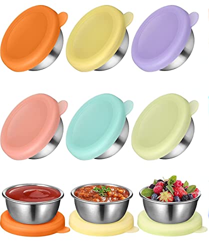 SUVHTA 6-Pack - Salad Sauce Container, 6x1.6oz Small Container With Leakproof Silicone Lid, Reusable Lunch Box Sauce Container, 304 Stainless Steel Sauce Cup, Easy to Open, Leakproof Dip Cup