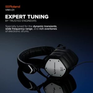 Roland VMH-D1 V-Drums Headphones | Designed by Roland & V-Moda for V-Drums & All Electronic Drum Kits | Immersive Sound | Long Cable for Tangle-Free Drumming | Customizable Shields, Black