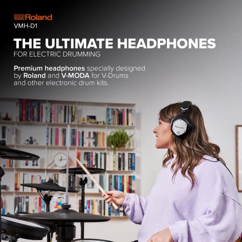 Roland VMH-D1 V-Drums Headphones | Designed by Roland & V-Moda for V-Drums & All Electronic Drum Kits | Immersive Sound | Long Cable for Tangle-Free Drumming | Customizable Shields, Black