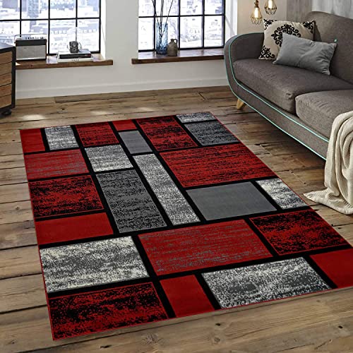 champion rugs Square Pattern Red Area Rug Box Pattern Modern (7’ 8” X 10’ 8”)