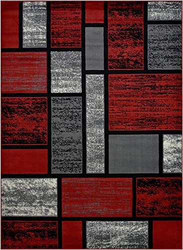 champion rugs Square Pattern Red Area Rug Box Pattern Modern (7’ 8” X 10’ 8”)