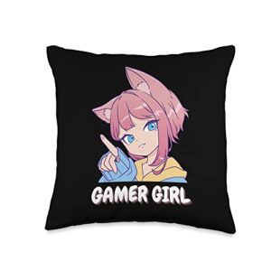 cute kawaii gamer girl gaming anime lover otaku throw pillow, 16x16, multicolor