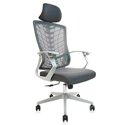 CLATINA Ergonomic High Swivel Executive Chair with Adjustable Height Fabric Headrest Lumbar Support and Mesh Backrest for Home Office, Grey 1 Pack