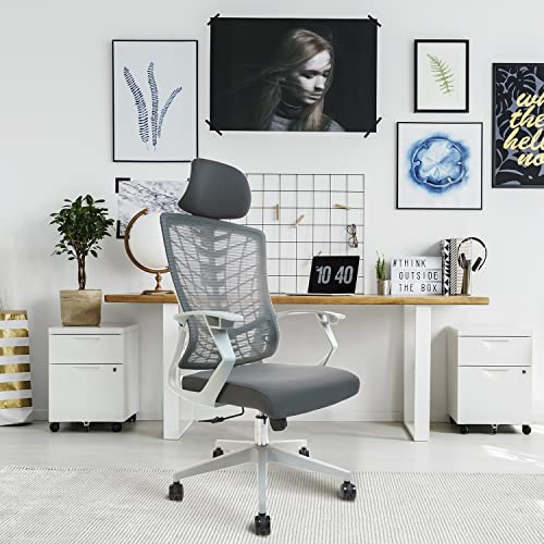 CLATINA Ergonomic High Swivel Executive Chair with Adjustable Height Fabric Headrest Lumbar Support and Mesh Backrest for Home Office, Grey 1 Pack