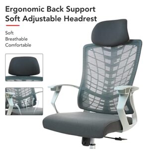 CLATINA Ergonomic High Swivel Executive Chair with Adjustable Height Fabric Headrest Lumbar Support and Mesh Backrest for Home Office, Grey 1 Pack