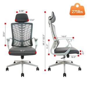 CLATINA Ergonomic High Swivel Executive Chair with Adjustable Height Fabric Headrest Lumbar Support and Mesh Backrest for Home Office, Grey 1 Pack
