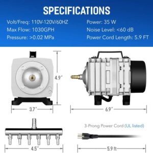 Simple Deluxe Commercial Air Pump 1030GPH, 35W, 65L/min 6 Outlet for Aquarium and Hydroponic Systems, Silver