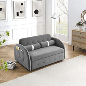55.5" pull out sofa bed, velvet 2 seater loveseats sofa with side pockets, convertible sleeper bed with adjsutable backrest and pillows, sofa bed couch for apartment office living room, grey