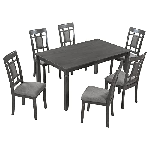 Woanke Table & Chair 7 Piece Dining, Extendable 6 Upholstered Chairs, Breakfast Nook Table Set for Restaurant, Living Room, Kitchen Area, 3-Gray