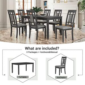 Woanke Table & Chair 7 Piece Dining, Extendable 6 Upholstered Chairs, Breakfast Nook Table Set for Restaurant, Living Room, Kitchen Area, 3-Gray