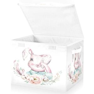 mnsruu collapsible storage boxes fabric with lids and handle, ornament storage cubes closet organizers and storage bins cabinet hand drawn watercolor bunny with leaves for toy home bedroom office