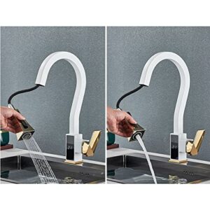 Yalsfowe Kitchen Faucets with Pull Down Sprayer, Temperature Display Kitchen Faucet, Single Handle Kitchen Faucet, Kitchen Mixer Tap, Kitchen Sink Faucet Brass ,White Gold