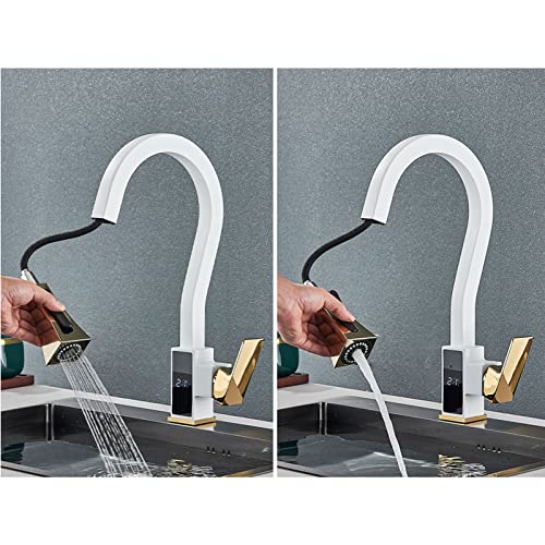 Yalsfowe Kitchen Faucets with Pull Down Sprayer, Temperature Display Kitchen Faucet, Single Handle Kitchen Faucet, Kitchen Mixer Tap, Kitchen Sink Faucet Brass ,White Gold