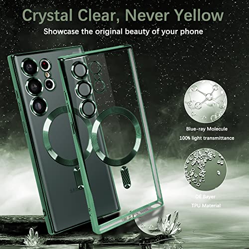 ZIYE Magnetic Clear Case for Samsung Galaxy S23 Ultra 5G with Camera Lens Protector, Compatible with MagSafe, electroplated Slim Shockproof Phone Protective Cover for Women & Men-Green