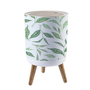 small trash can with lid for bathroom kitchen office diaper seamless green hand drawn tea leaves branches isolated white engraved bedroom garbage trash bin dog proof waste basket cute decorative