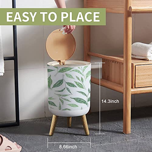 Small Trash Can with Lid for Bathroom Kitchen Office Diaper seamless green hand drawn tea leaves branches isolated white Engraved Bedroom Garbage Trash Bin Dog Proof Waste Basket Cute Decorative