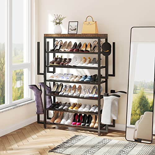 YITAHOME 7-Tier Shoe Rack with Boot Rack, Shoe Organizer for Closet, Large Shoe Rack Organizer for Entryway with 6 Metal Mesh Shelves, 27-34 Pairs of Shoes, Rustic Brown + Black