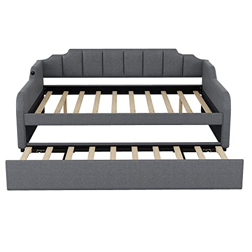 Full Daybed with Pop-up Trundle Upholstery Day Bed Frame with USB Charging Ports Modern Sofa Beds with Adjustable Trundle Beds for Living Room Bedroom Guest Room, Full Size, Gray