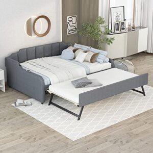 full daybed with pop-up trundle upholstery day bed frame with usb charging ports modern sofa beds with adjustable trundle beds for living room bedroom guest room, full size, gray