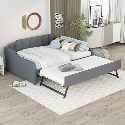 Full Daybed with Pop-up Trundle Upholstery Day Bed Frame with USB Charging Ports Modern Sofa Beds with Adjustable Trundle Beds for Living Room Bedroom Guest Room, Full Size, Gray