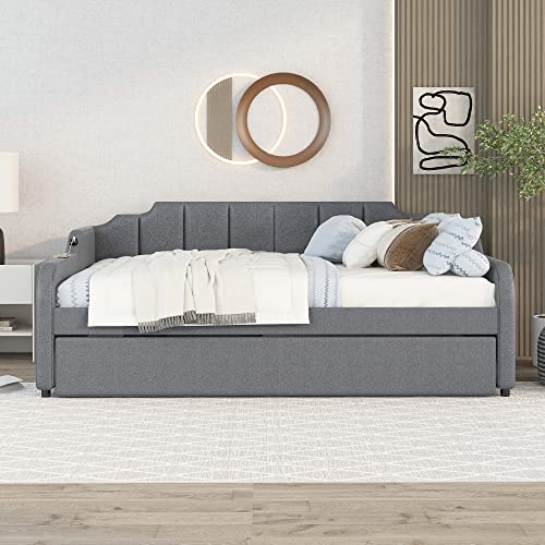 Full Daybed with Pop-up Trundle Upholstery Day Bed Frame with USB Charging Ports Modern Sofa Beds with Adjustable Trundle Beds for Living Room Bedroom Guest Room, Full Size, Gray