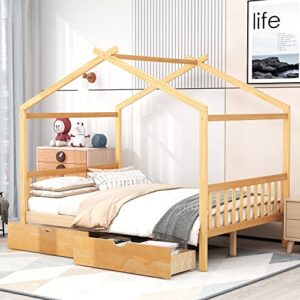runwon full size house platform bed with two drawers,headboard and footboard,roof design for kids adults bedroom