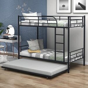 lostcat twin over twin bunk bed with trundle,heavy duty twin size bunk beds frame w/safety guardrails and ladders,can be divided into two beds,for kids/teen/adults,no box spring needed,black
