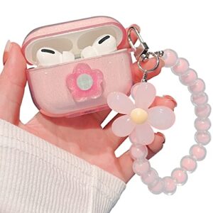minscose cute airpod pro case,cute 3d flower clear cover case with pretty pink crystal flower keychain soft silicone smooth shockproof compatible with airpods pro charging case for girls women
