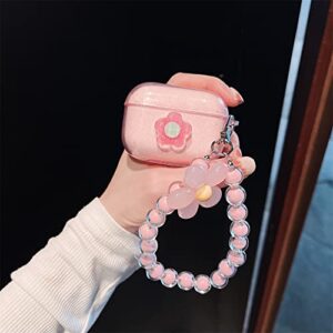 MINSCOSE Cute Airpod pro Case,Cute 3D Flower Clear Cover Case with Pretty Pink Crystal Flower Keychain Soft Silicone Smooth Shockproof Compatible with Airpods Pro Charging Case for Girls Women