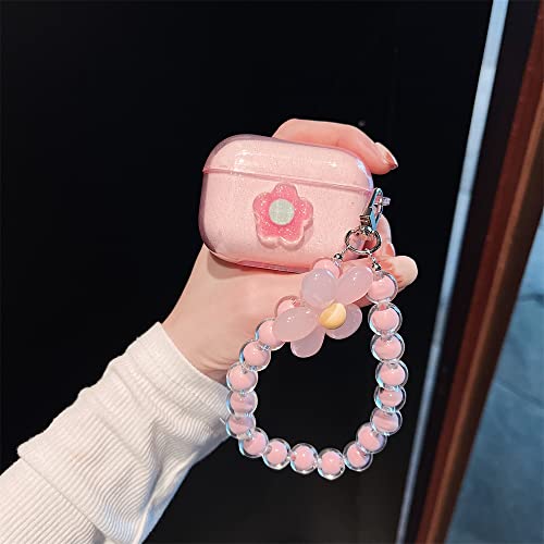 MINSCOSE Cute Airpod pro Case,Cute 3D Flower Clear Cover Case with Pretty Pink Crystal Flower Keychain Soft Silicone Smooth Shockproof Compatible with Airpods Pro Charging Case for Girls Women