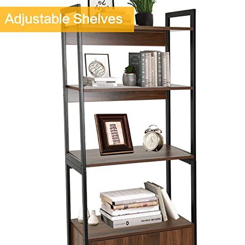 Acehome Industrial Bookshelf, 4 Tier Bookcase with 2 Doors, Storage Shelf & Standing Storage Cabinet,Bookshelf Display Shelf with Storage Cabinet, Bookshelf Rack for Home Office, Bedroom, Brown