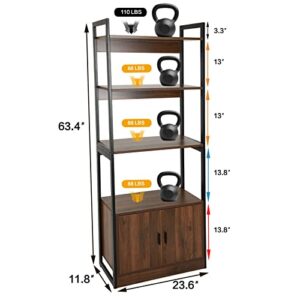 Acehome Industrial Bookshelf, 4 Tier Bookcase with 2 Doors, Storage Shelf & Standing Storage Cabinet,Bookshelf Display Shelf with Storage Cabinet, Bookshelf Rack for Home Office, Bedroom, Brown