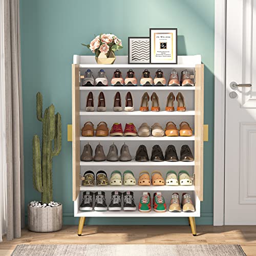 Tribesigns Shoe Cabinet with Doors, 7-Tier Shoe Storage Cabinet with Adjustable Shelves, Wooden Shoes Rack Shoe Storage Organizer for Entryway, Hallway, Closet, Living Room, Wood Color