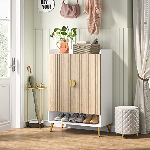 Tribesigns Shoe Cabinet with Doors, 7-Tier Shoe Storage Cabinet with Adjustable Shelves, Wooden Shoes Rack Shoe Storage Organizer for Entryway, Hallway, Closet, Living Room, Wood Color