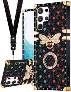 loheckle for samsung galaxy s23 ultra case for women, designer square cases for galaxy s23 ultra case with ring stand holder and lanyard, stylish bees luxury cover for samsung s23 ultra