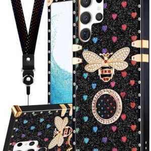 Loheckle for Samsung Galaxy S23 Ultra Case for Women, Designer Square Cases for Galaxy S23 Ultra Case with Ring Stand Holder and Lanyard, Stylish Bees Luxury Cover for Samsung S23 Ultra