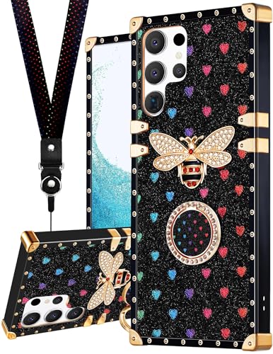 Loheckle for Samsung Galaxy S23 Ultra Case for Women, Designer Square Cases for Galaxy S23 Ultra Case with Ring Stand Holder and Lanyard, Stylish Bees Luxury Cover for Samsung S23 Ultra