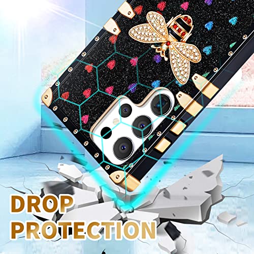 Loheckle for Samsung Galaxy S23 Ultra Case for Women, Designer Square Cases for Galaxy S23 Ultra Case with Ring Stand Holder and Lanyard, Stylish Bees Luxury Cover for Samsung S23 Ultra