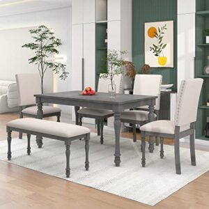 odc elegant 6 piece dining table & chairs set rectangular table with turned legs, 4 upholstered chairs and bench for home living room, gray