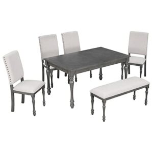 ODC Elegant 6 Piece Dining Table & Chairs Set Rectangular Table with Turned Legs, 4 Upholstered Chairs and Bench for Home Living Room, Gray