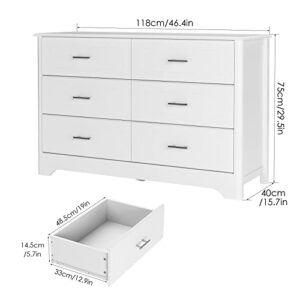 HOSATCK 6 Drawer Dresser, Modern White Wide Chest of Drawers with Metal Handels, Wood Double Dresser, Storage Chest Organizers for Living Room, Hallway, Entryway, White