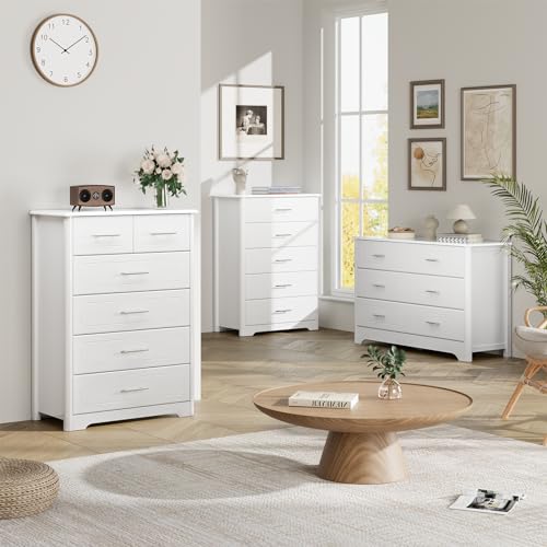 HOSATCK 6 Drawer Dresser, Modern White Wide Chest of Drawers with Metal Handels, Wood Double Dresser, Storage Chest Organizers for Living Room, Hallway, Entryway, White