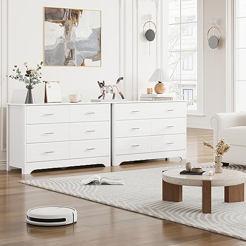 HOSATCK 6 Drawer Dresser, Modern White Wide Chest of Drawers with Metal Handels, Wood Double Dresser, Storage Chest Organizers for Living Room, Hallway, Entryway, White