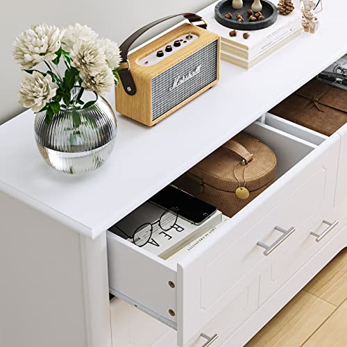 HOSATCK 6 Drawer Dresser, Modern White Wide Chest of Drawers with Metal Handels, Wood Double Dresser, Storage Chest Organizers for Living Room, Hallway, Entryway, White