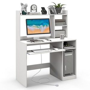 giantex white computer desk with hutch and bookshelf, 43.5" computer pc table with keyboard tray & cpu stand, modern writing desk workstation for home office