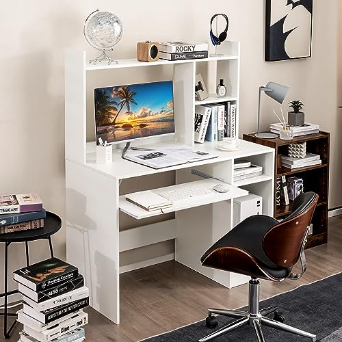 Giantex White Computer Desk with Hutch and Bookshelf, 43.5" Computer PC Table with Keyboard Tray & CPU Stand, Modern Writing Desk Workstation for Home Office