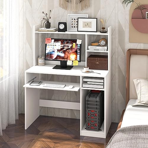 Giantex White Computer Desk with Hutch and Bookshelf, 43.5" Computer PC Table with Keyboard Tray & CPU Stand, Modern Writing Desk Workstation for Home Office