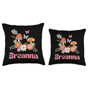 Breanna Retro Groovy Mushroom Butterfly Breanna Personalized Name Groovy Cottagecore Mushrooms Throw Pillow, 16x16, Multicolor
