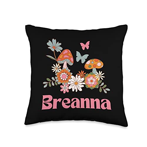 Breanna Retro Groovy Mushroom Butterfly Breanna Personalized Name Groovy Cottagecore Mushrooms Throw Pillow, 16x16, Multicolor